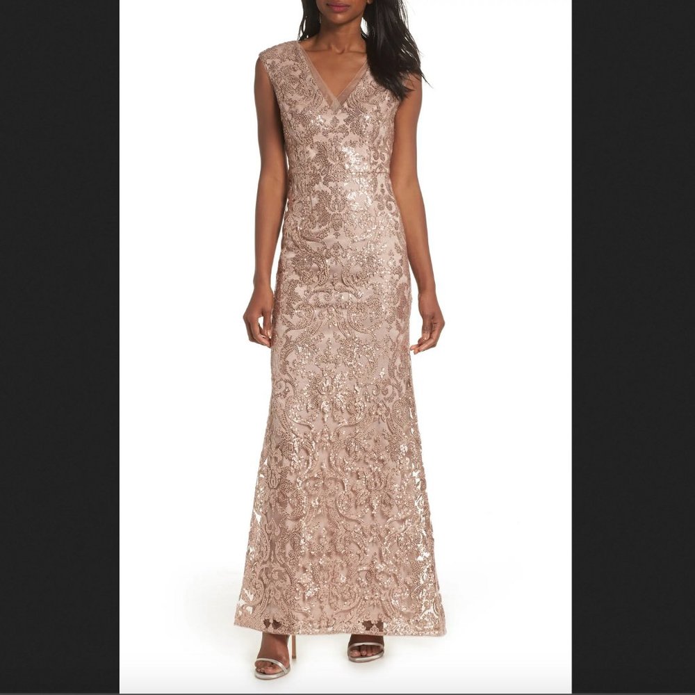 NWT Adrianna Papell Sequin Embroidered Gown in Rose Gold